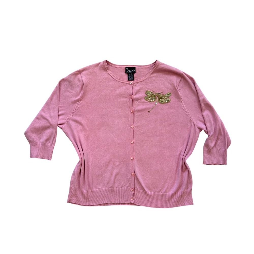 VTG silk blend pink butterfly beaded embroidery button down sweater‎ cardigan